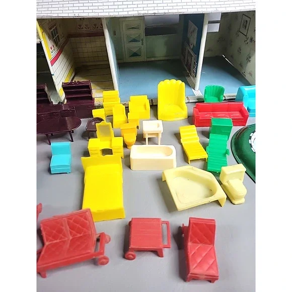 Vintage Tin Litho Ranch Style Metal Dollhouse T Cohn 1950 Furniture Pool READ - Picture 3 of 16